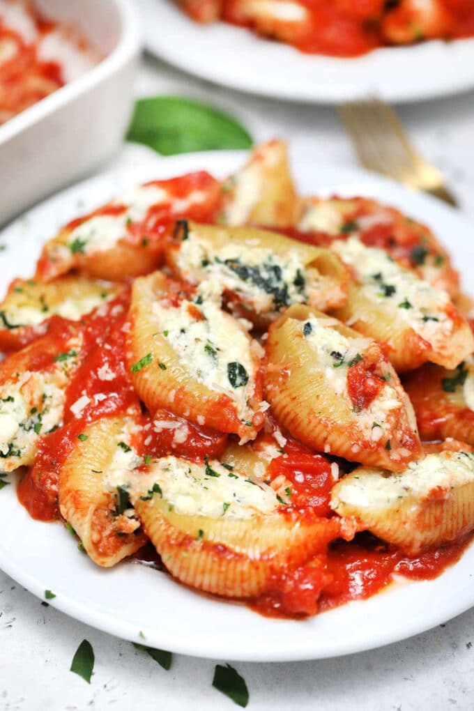 Jumbo Shells filled with ricotta and homemade tomato sauce.