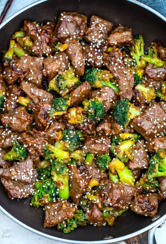 Photo of teriyaki beef and broccoli in a pan.