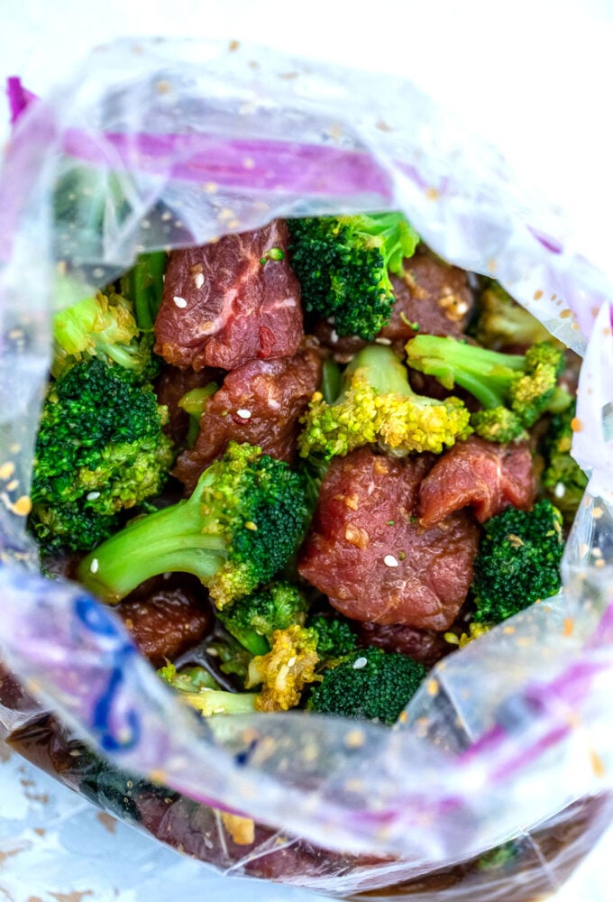 Image of teriyaki beef and broccoli in a ziplock bag.