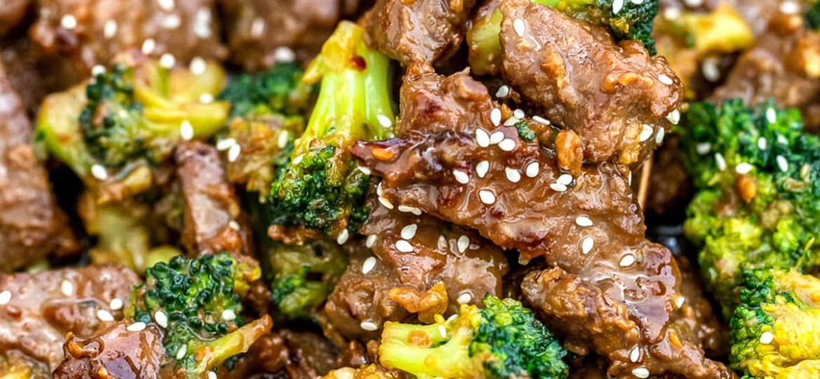 Picture of a pan of teriyaki beef and broccoli.