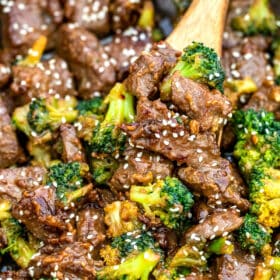 Picture of a pan of teriyaki beef and broccoli.