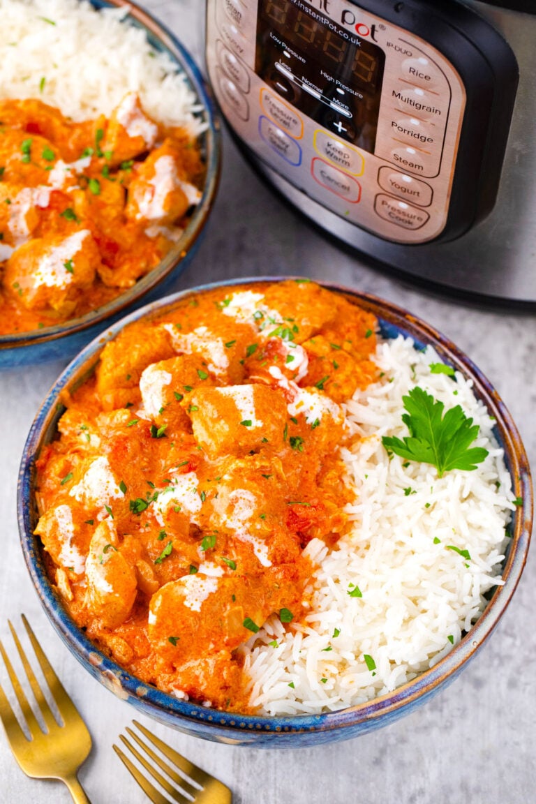 Instant Pot chicken tikka masala with rice.