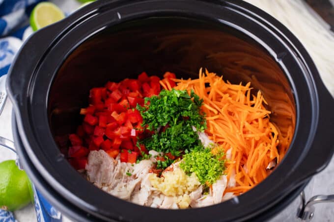 Asian chicken noodle soup ingredients in the slow cooker.