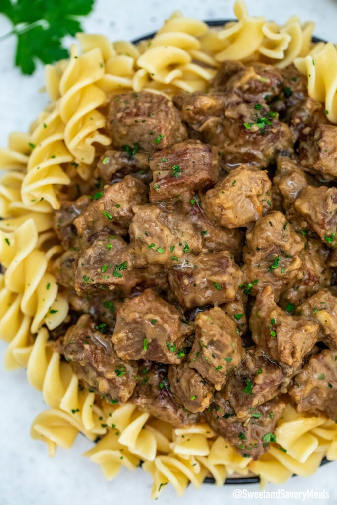 Photo of beef tips and gravy.