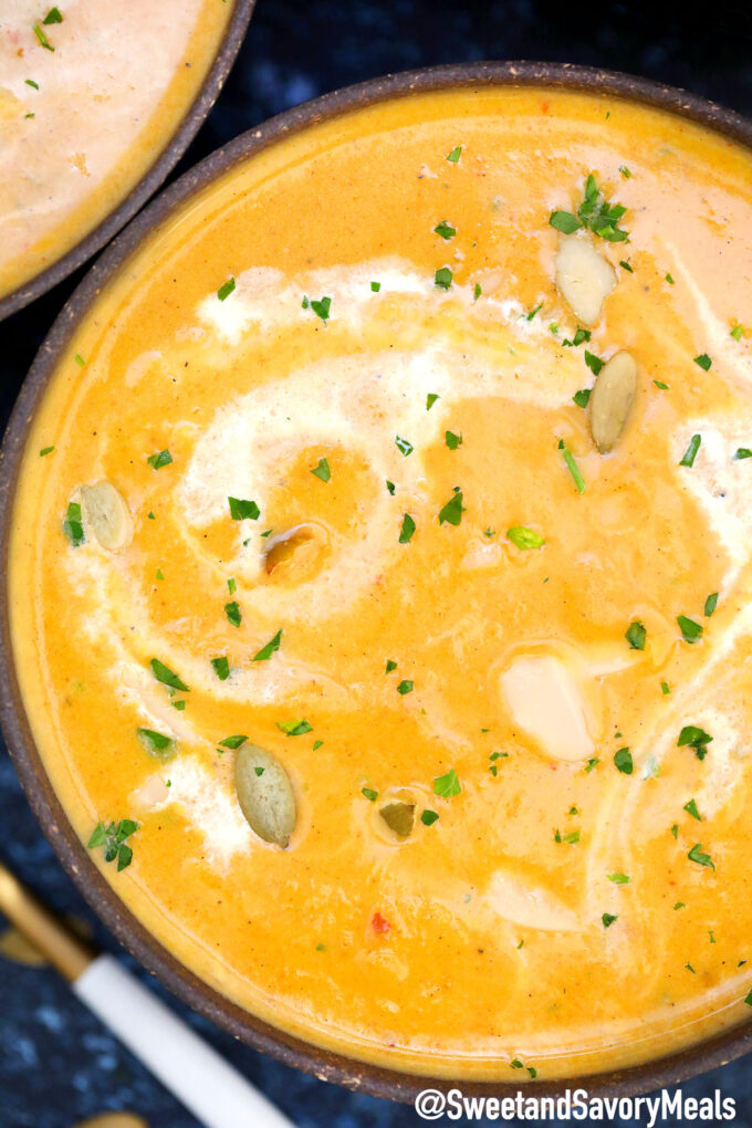 A bowl of creamy pumpkin soup