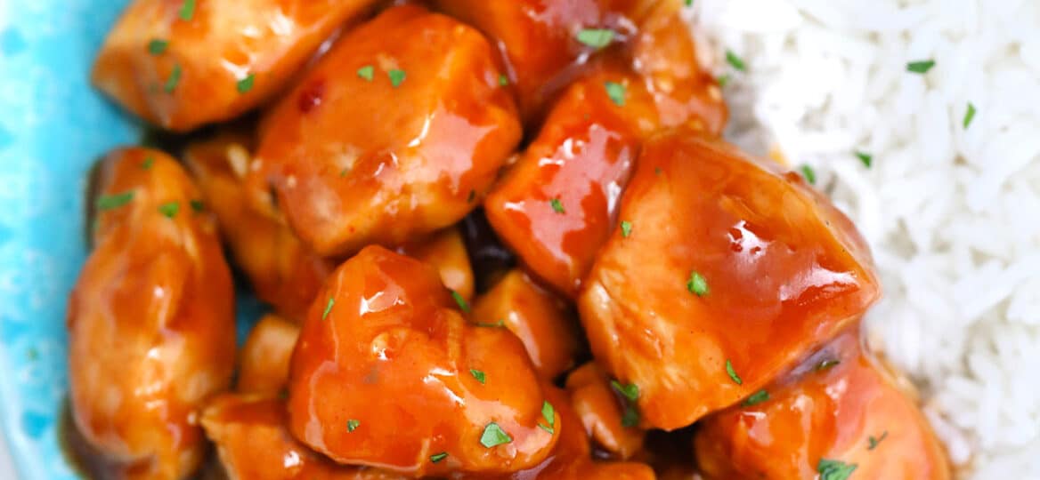 Image of bourbon chicken with rice.