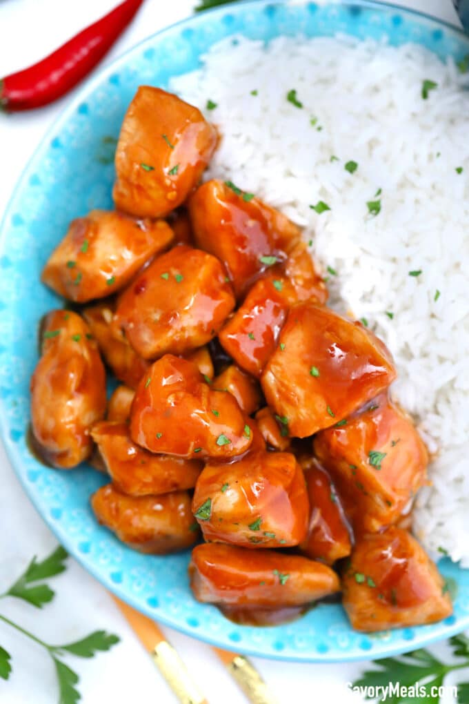 Image of bourbon chicken with rice.