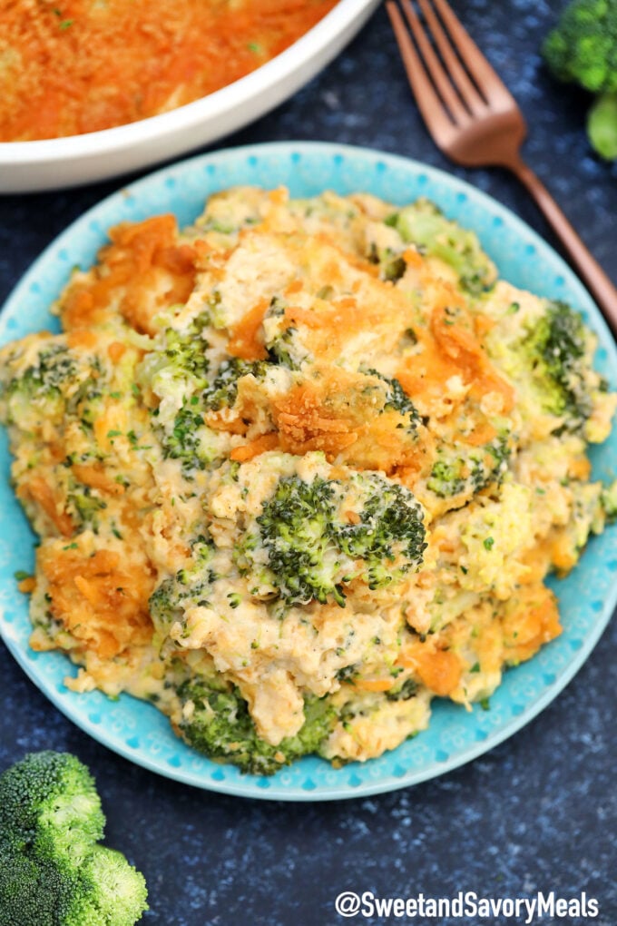 A plate of cheesy broccoli casserole.