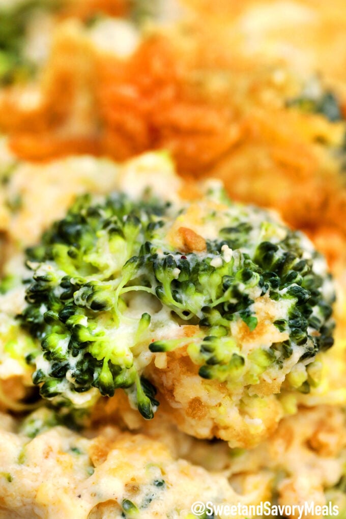 Close-up of broccoli casserole with cheese.