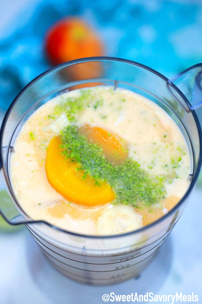 Picture of peach smoothie with lemon zest.