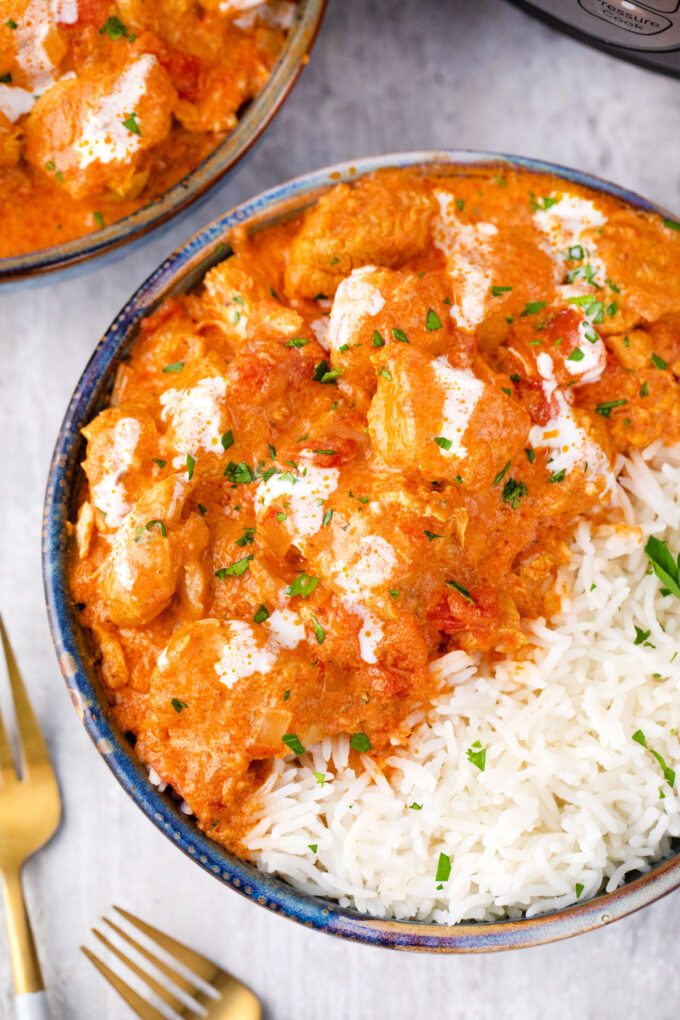 Overhead shot of creamy Instant Pot chicken tikka masala.