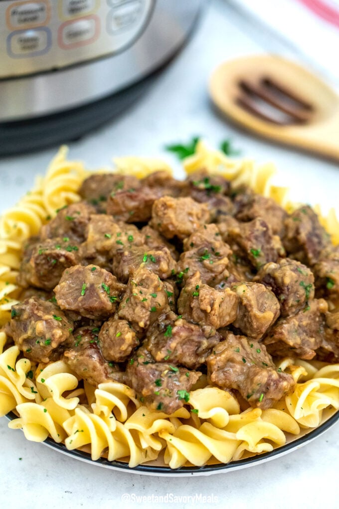 Image of instant pot beef tips and gravy.
