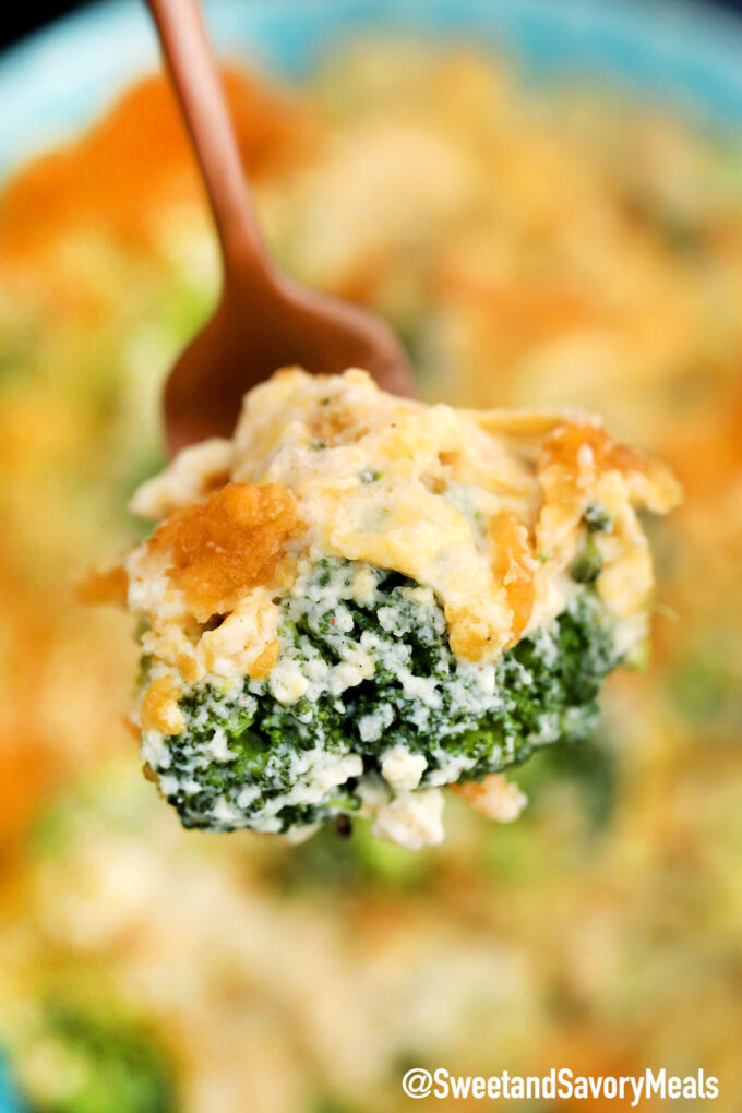 Creamy broccoli on a fork. 