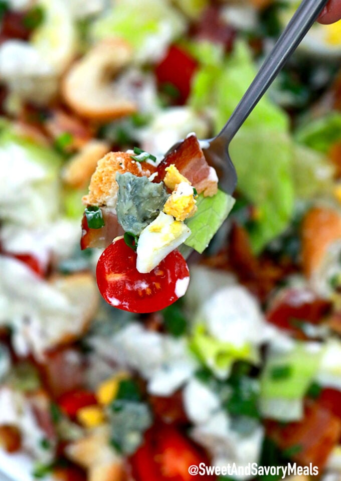 Photo of a bite of BLT salad.