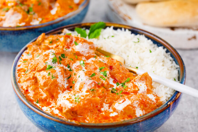 A bowl of creamy and buttery Instant Pot chicken tikka masala.