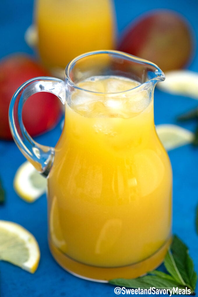 Picture of a pitcher of mango lemonade.