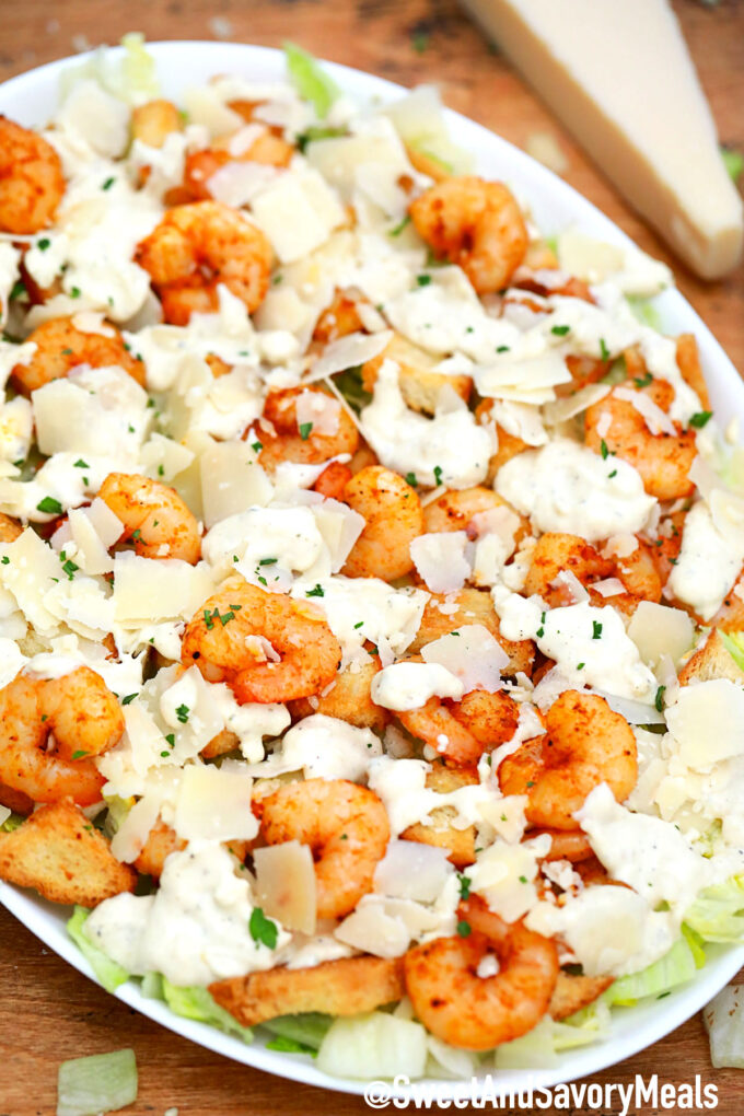 Photo of shrimp Caesar salad.