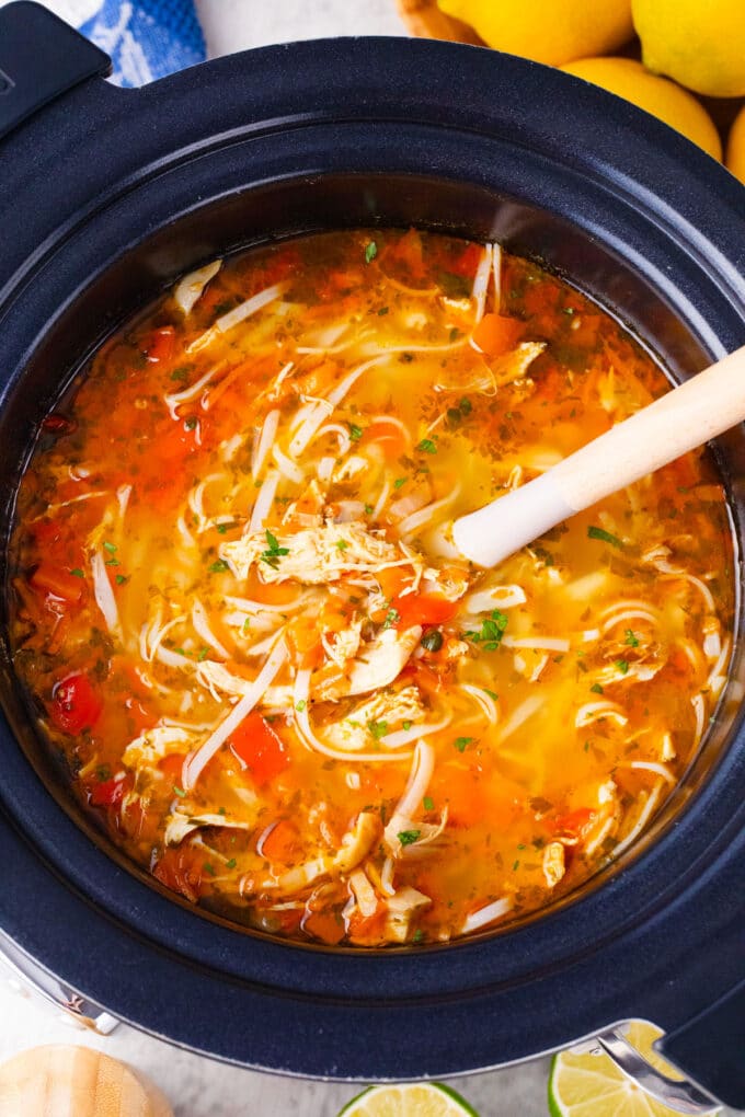 Overhead shot of crockpot Asian chicken noodle soup.