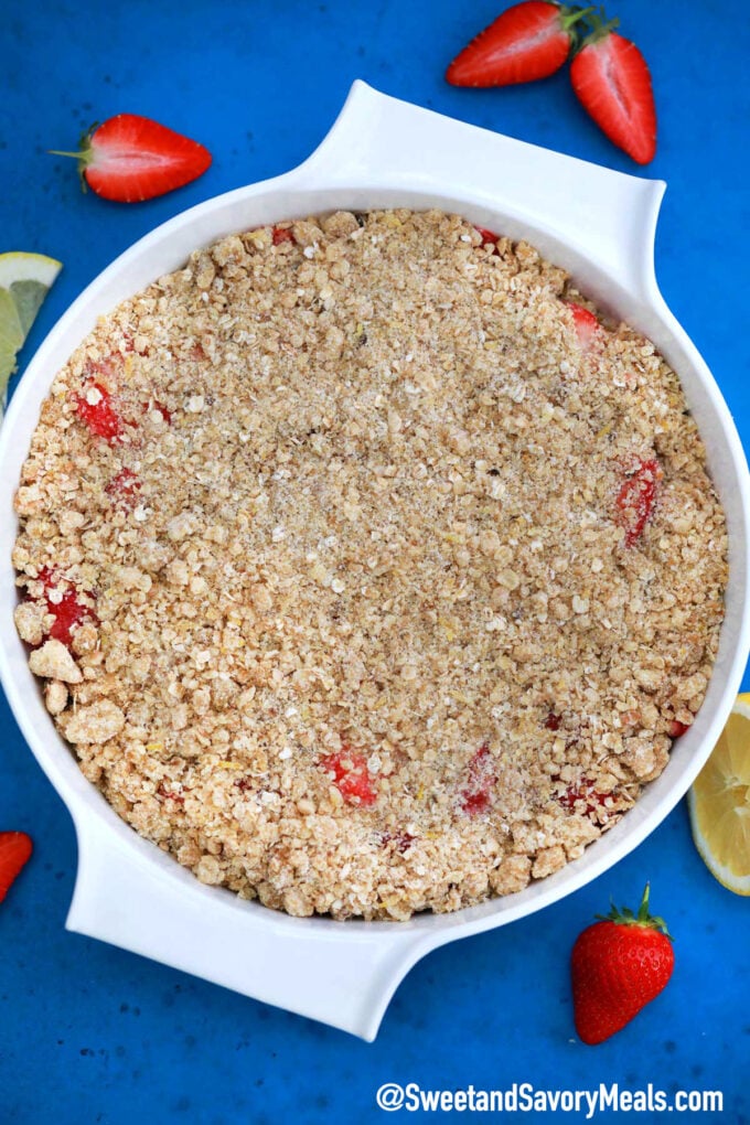 Photo of strawberry crisp with crumb topping.
