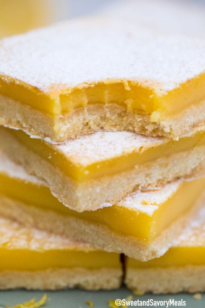 Photo of homemade lemon bars with buttery crust.