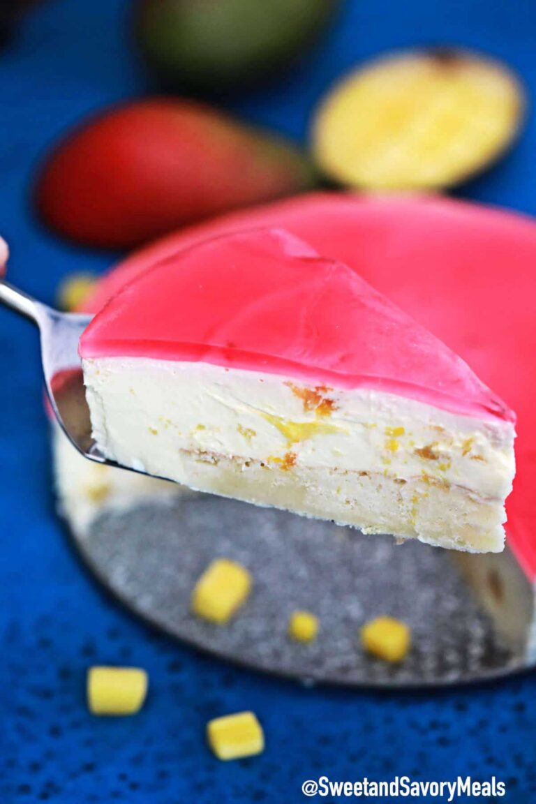 Sliced mango mousse cake.