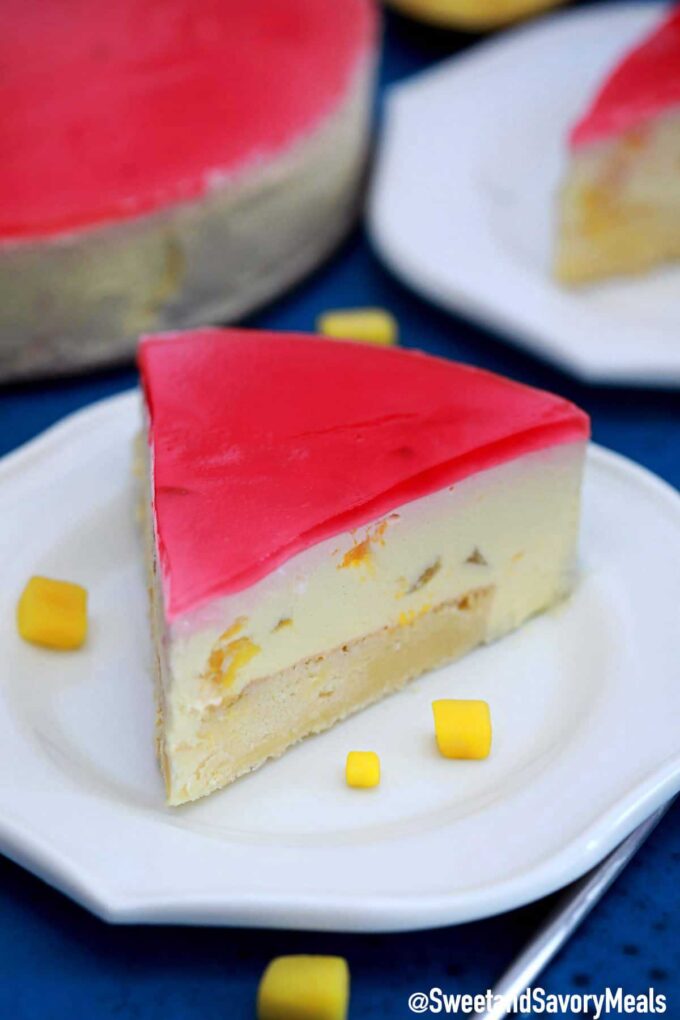 Slice of mango mousse cake.