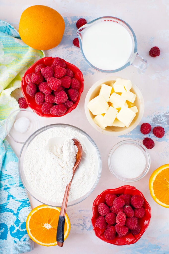 Overhead shot of silver dollars mini pancakes ingredients in bowls on a table.
