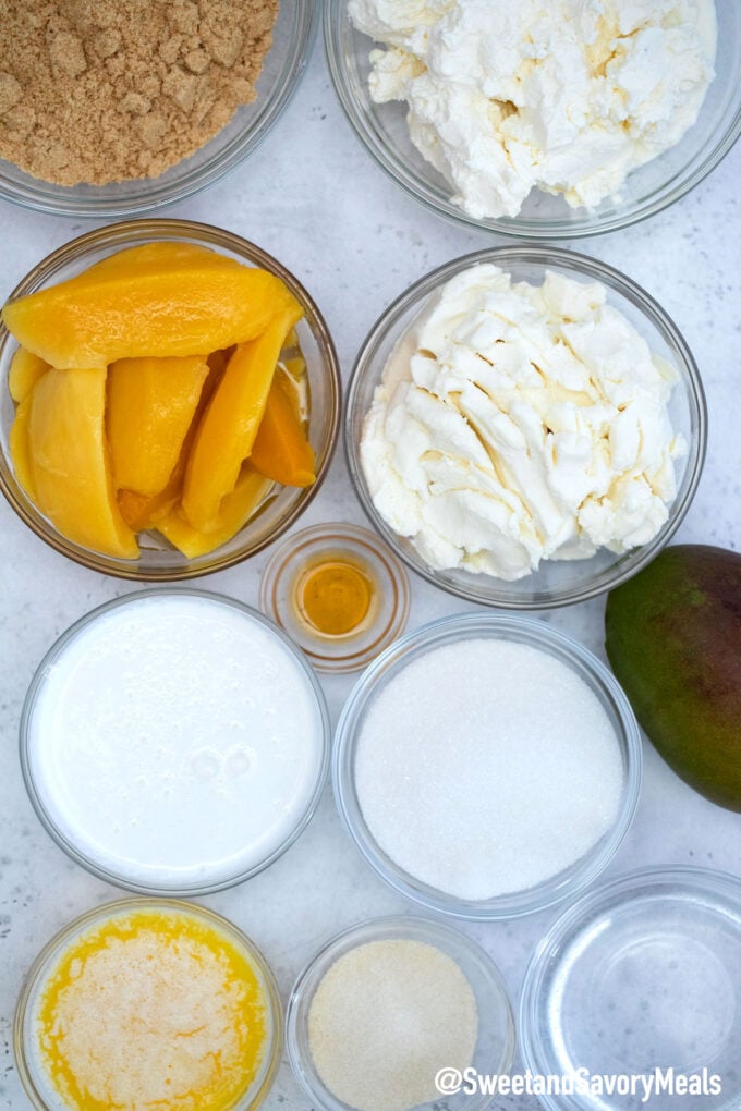 Image of no bake mango cheesecake ingredients.