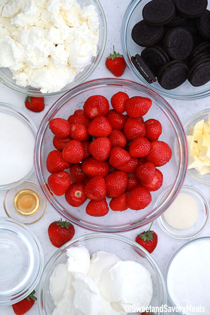 Photo of No Bake Strawberry Cheesecake ingredients.