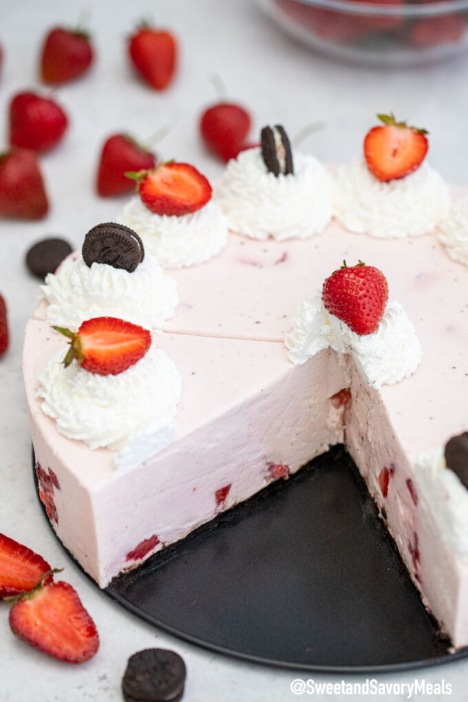 Image of No Bake Strawberry Cheesecake inside.