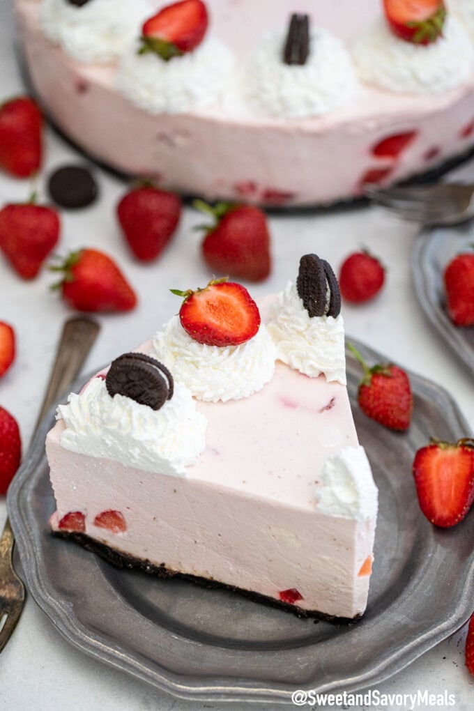 Picture of a slice of No Bake Strawberry Cheesecake.