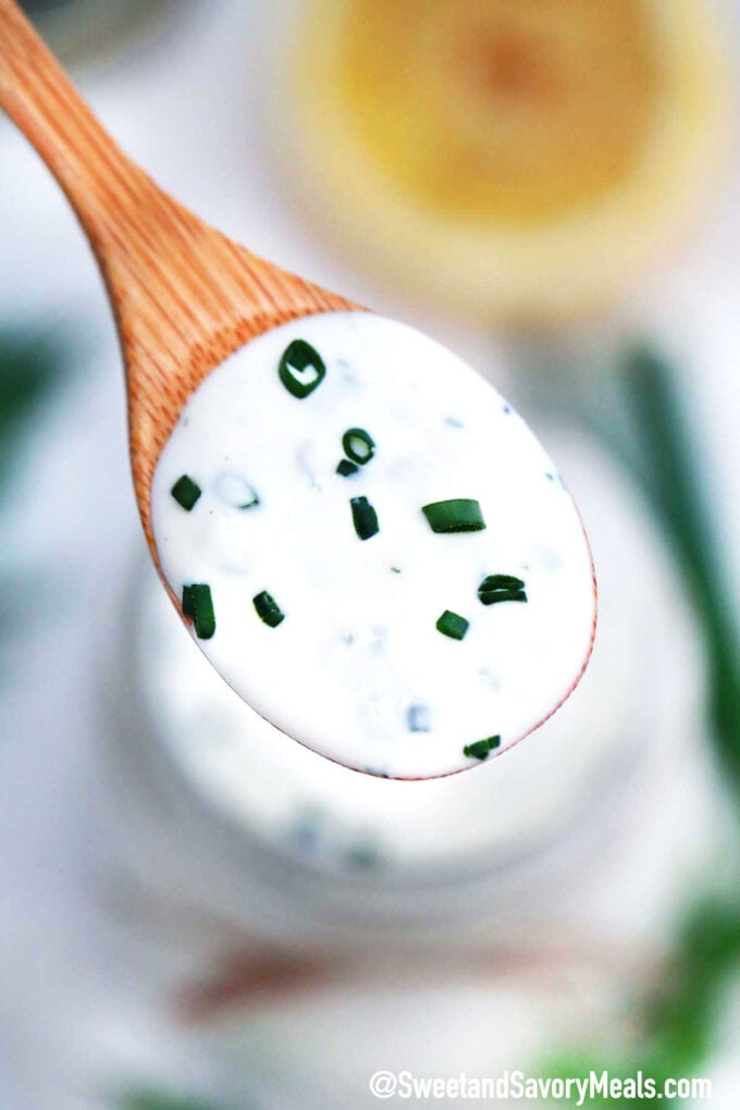 Image of a spoon of ranch dressing.