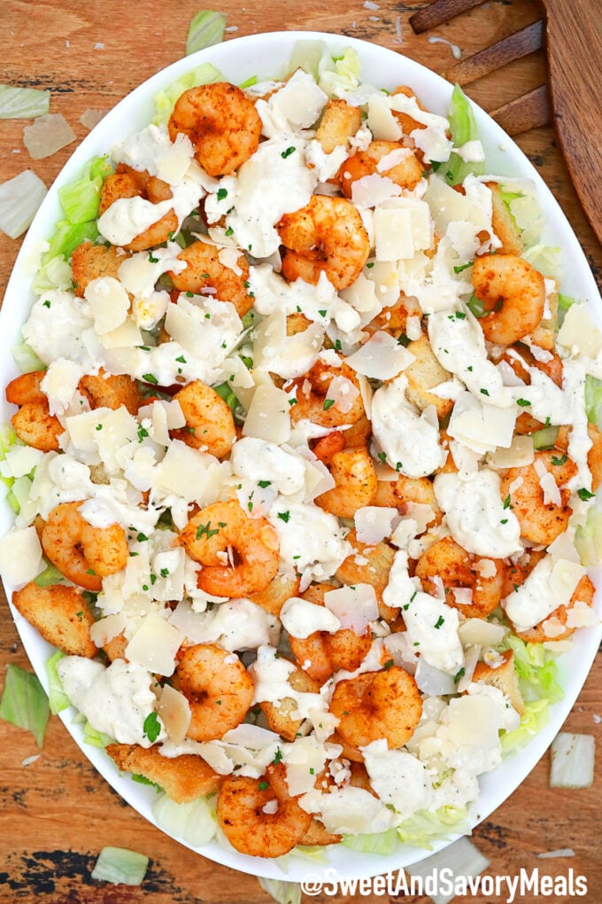 Image of homemade shrimp Caesar salad recipe.