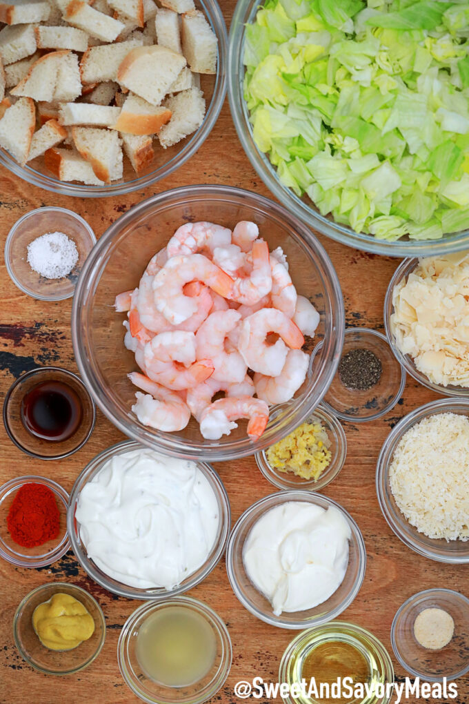 Image of shrimp Caesar salad ingredients.