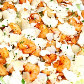 Photo of shrimp Caesar salad recipe.