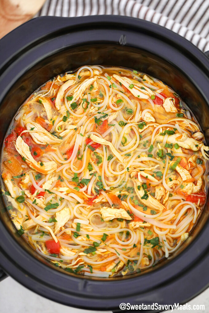 Picture of slow cooker asian chicken noodle soup recipe.