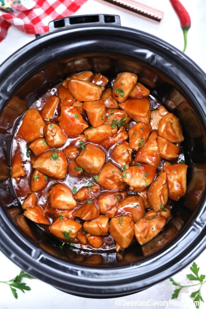 Picture of slow cooker bourbon chicken.