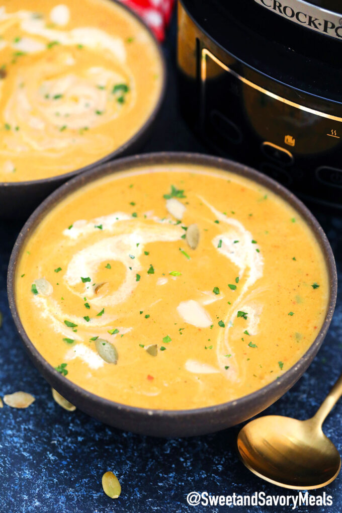 Creamy crockpot pumpkin soup in a bowl