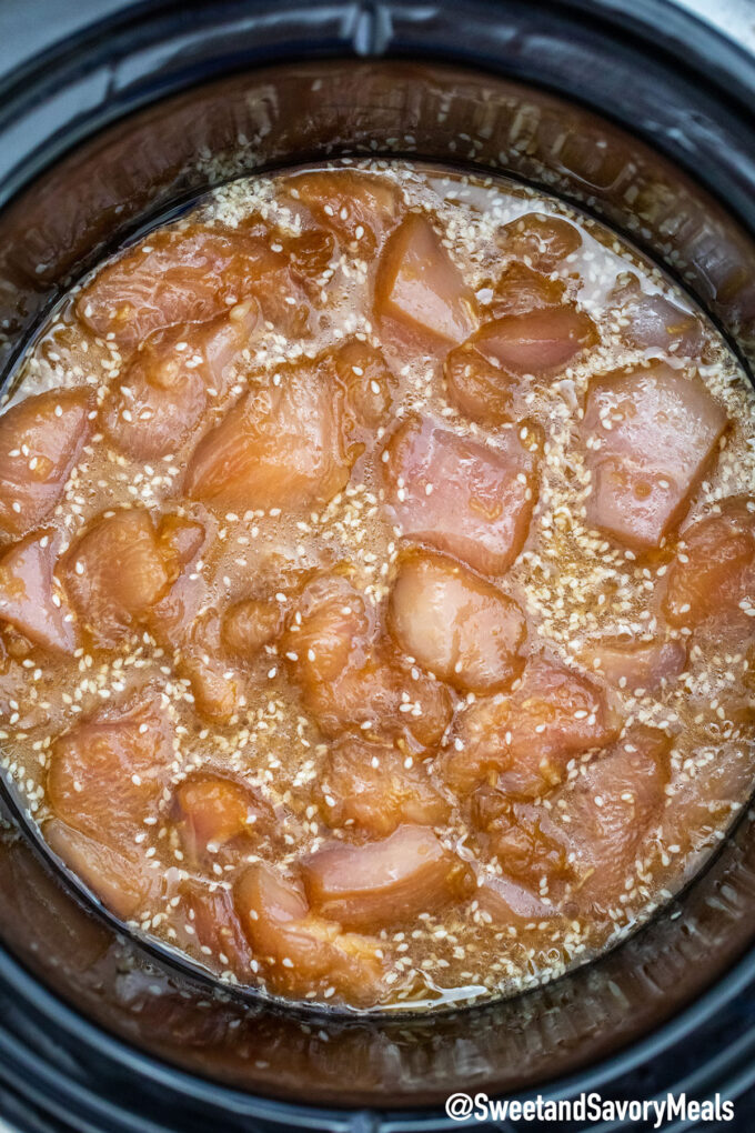 crockpot Chinese sesame chicken cooked in the pot