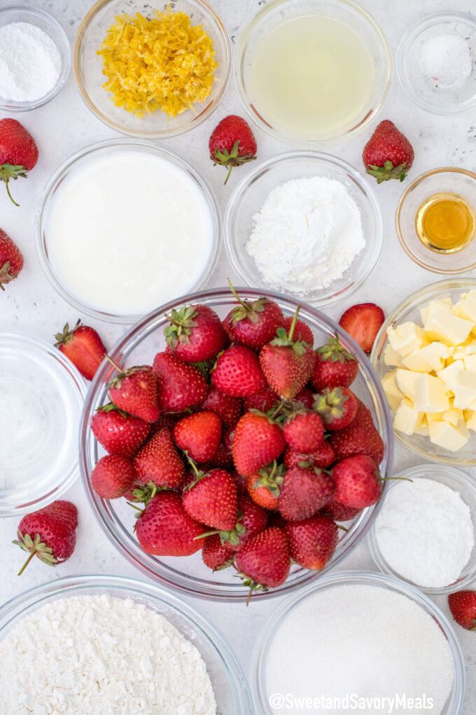 strawberry cobbler ingredients in bowls on a table