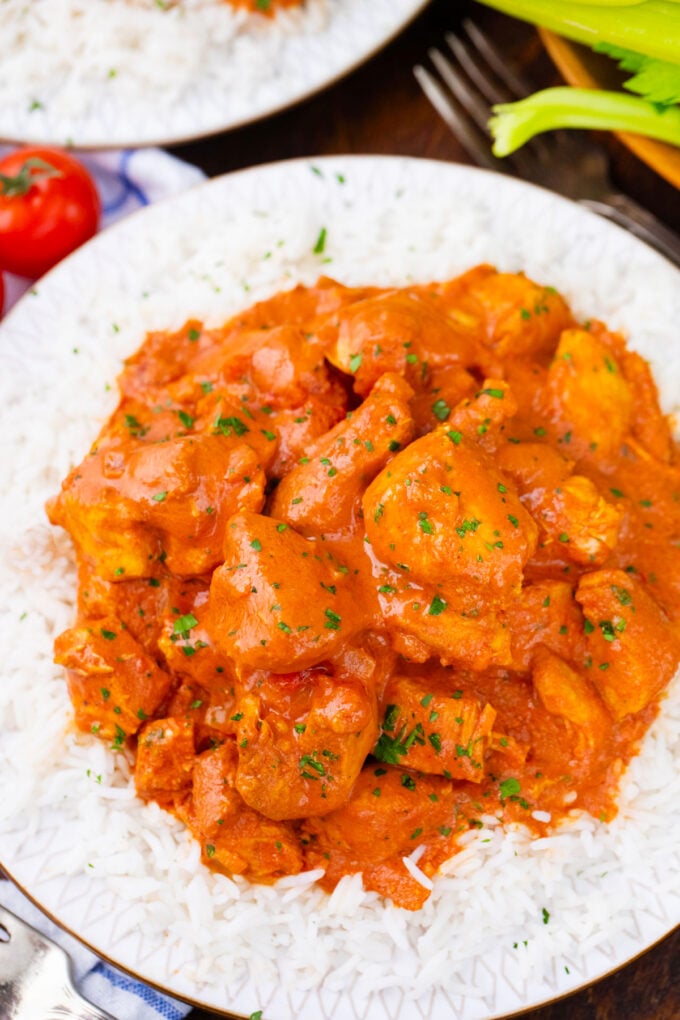 Authentic slow cooker tikka masala served over fluffy basmati rice.