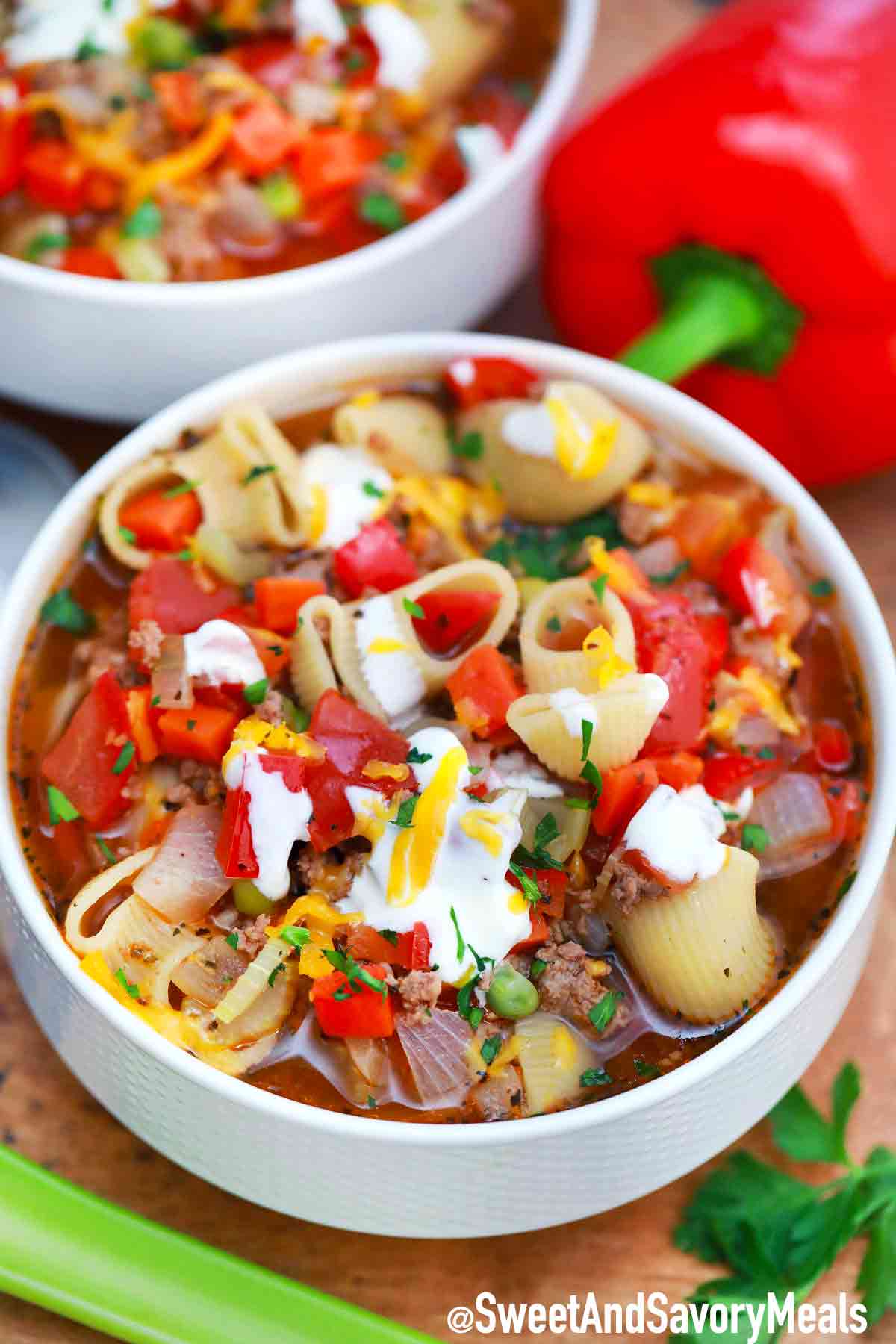 Bowl of Beef and Macaroni soup.