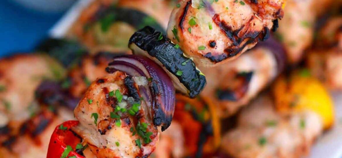 Grilled chicken skewers with veggies.