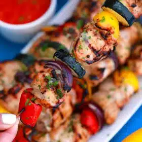 Grilled chicken skewers with veggies.