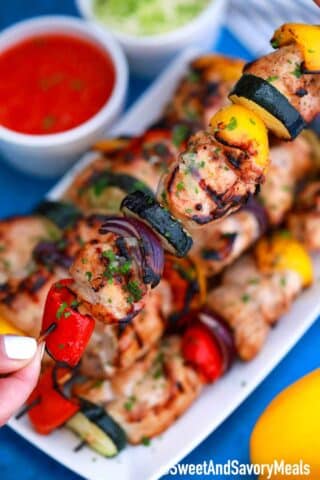 Grilled chicken skewers with veggies.