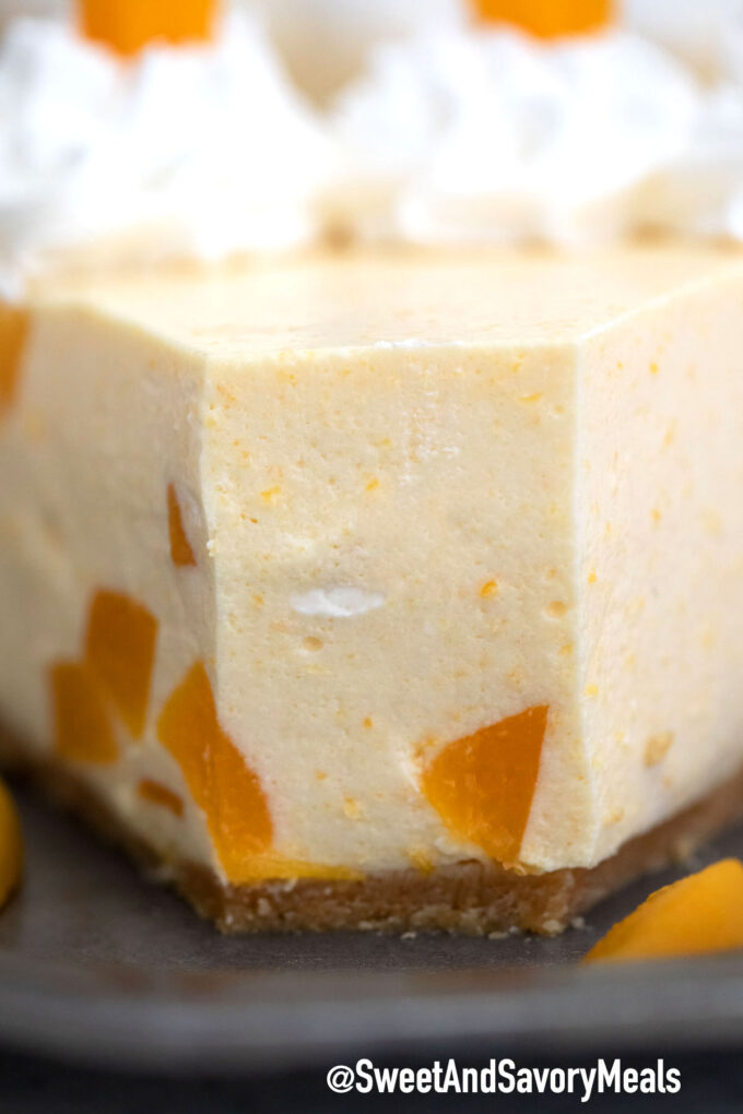 Image of no bake peach cheesecake close.