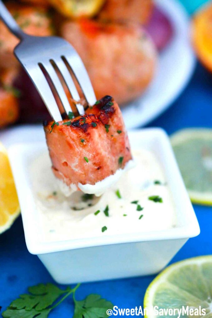 Salmon kebab piece in white sauce.