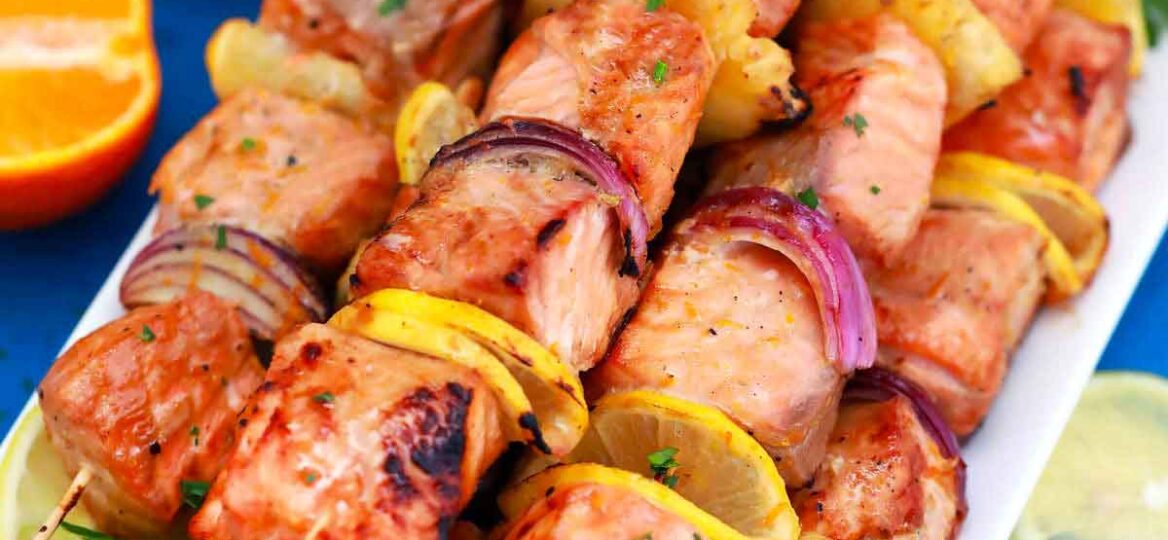 Grilled salmon skewers.