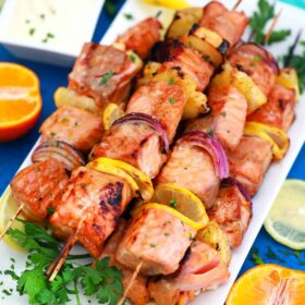 Grilled salmon skewers.