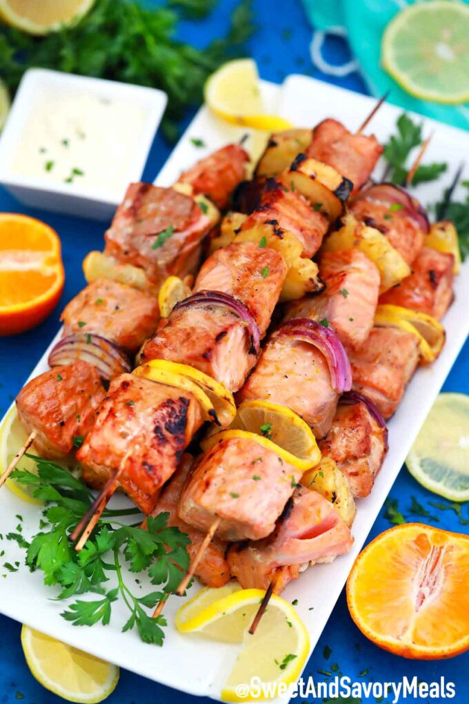 Grilled salmon skewers.